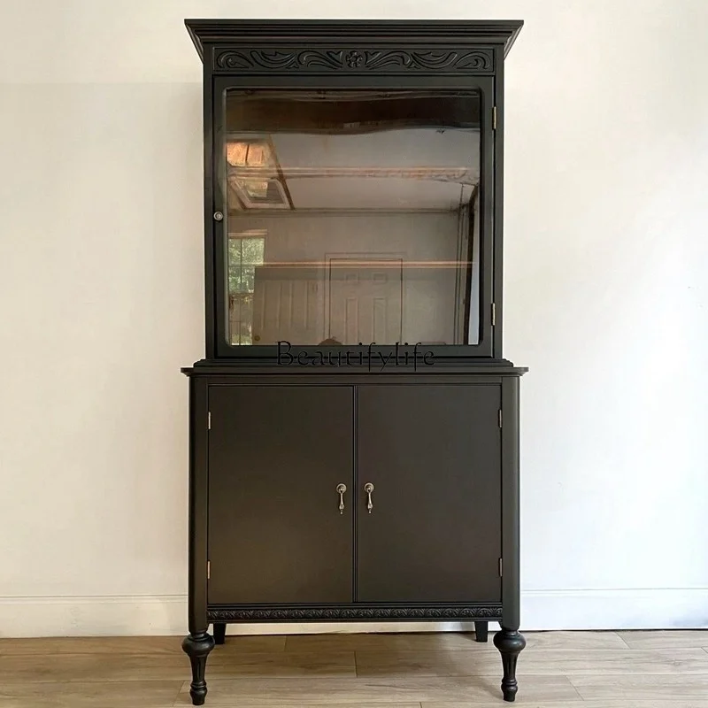 

French Retro Solid Wood Wine Cabinet Against the Wall Black Retro Simple Sideboard Cabinet Integrated Against the Wall