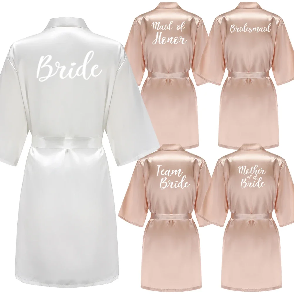 Champagne Bride Bridesmaid Robes for Wedding Bridal Party Women Short Solid Color Silky Satin Kimono with White Letter