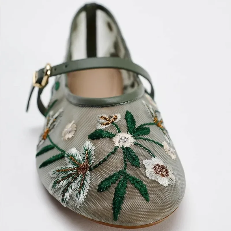 2024 Spring Summer New Green Flower Embroidered Mesh Ballet Flats Breathable Round Head Mary Jane Single Shoes