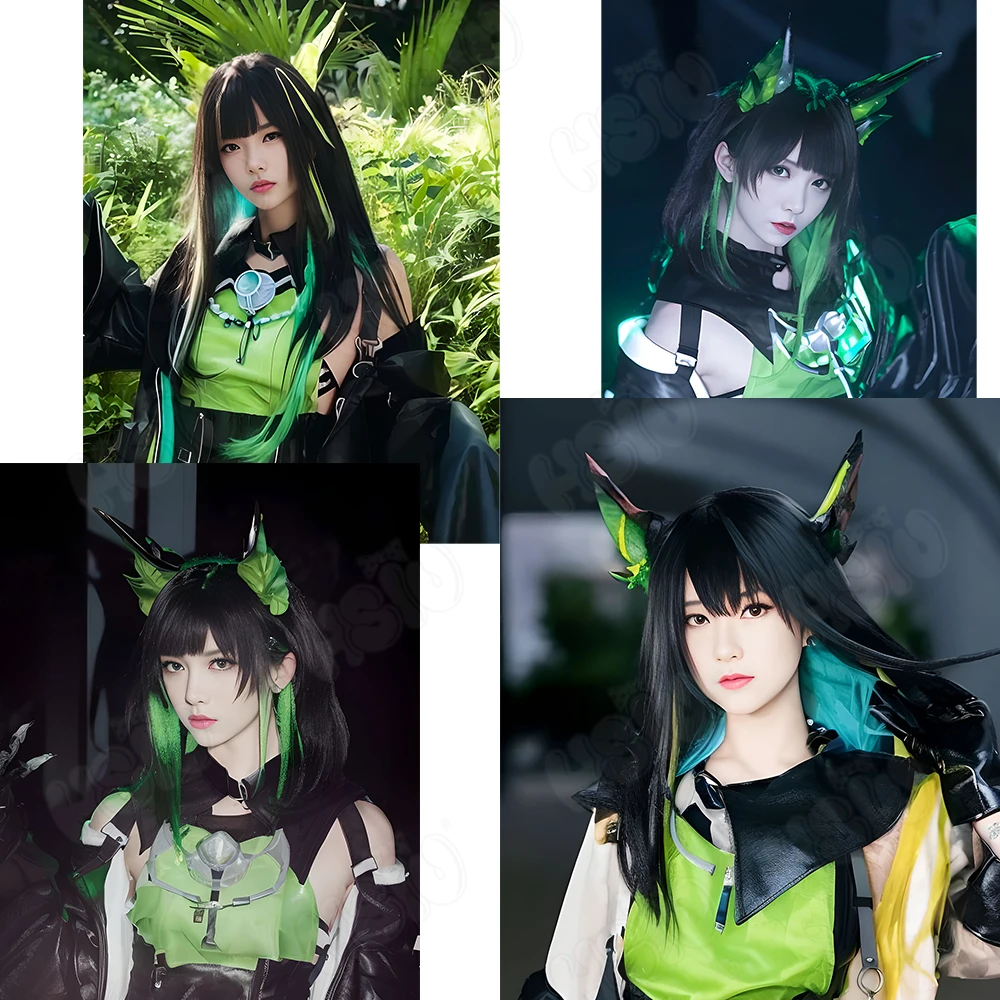 Mon3tr Cosplay Wig Fiber synthetic wig「HSIU」Black green mixed long Wig+Wig cap Game Arknights Cosplay Wig