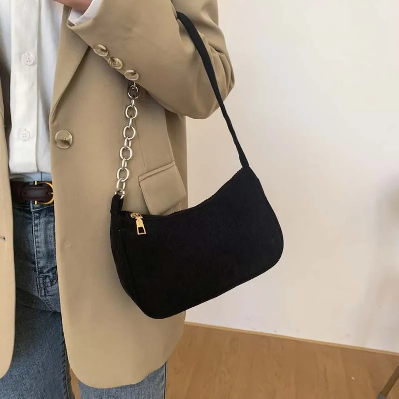 Fashion Vintage Corduroy Women Handbags Underarm Bag Casual Shoulder Bags Solid Color Zipper Female Handbag Clutch Chain Bag