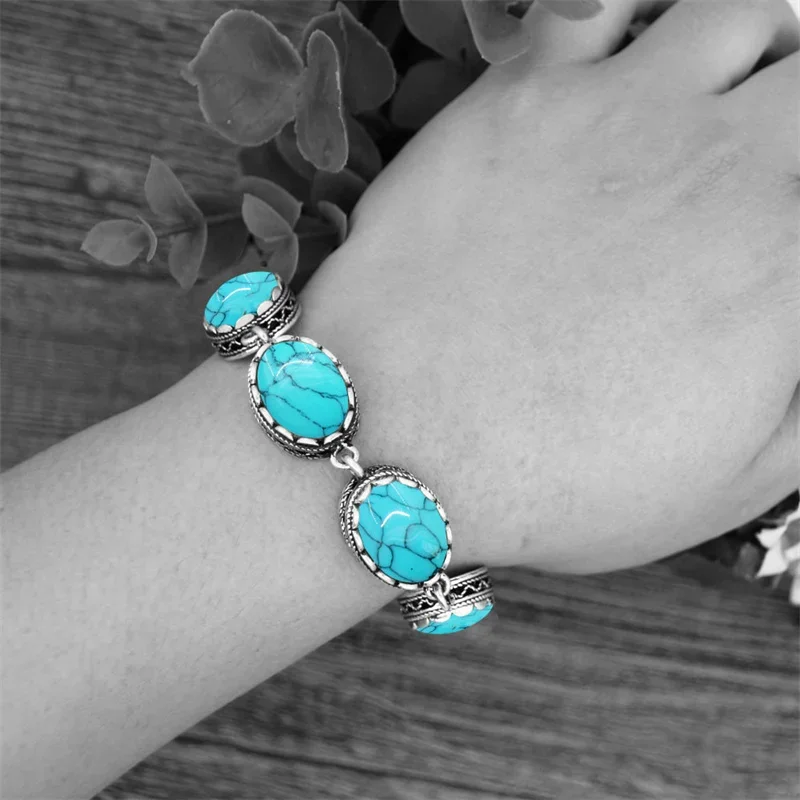 5 Colors Oval Synthetic Turquoises Bracelets For Women Flower Bead Antique Silver Plated Fashion Jewelry TB291