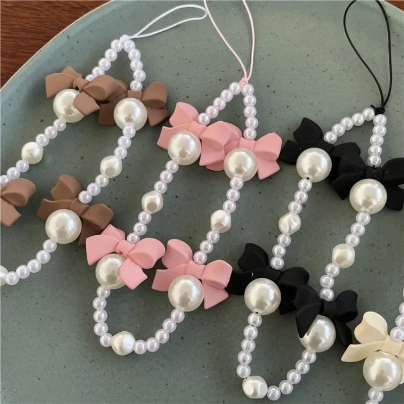 Korean Pearl Bow Phone Chain Short Charm Wrist Strap Keycord Cellphone Lanyard Girl Keychain Mobile Phone Case Hanging Chain