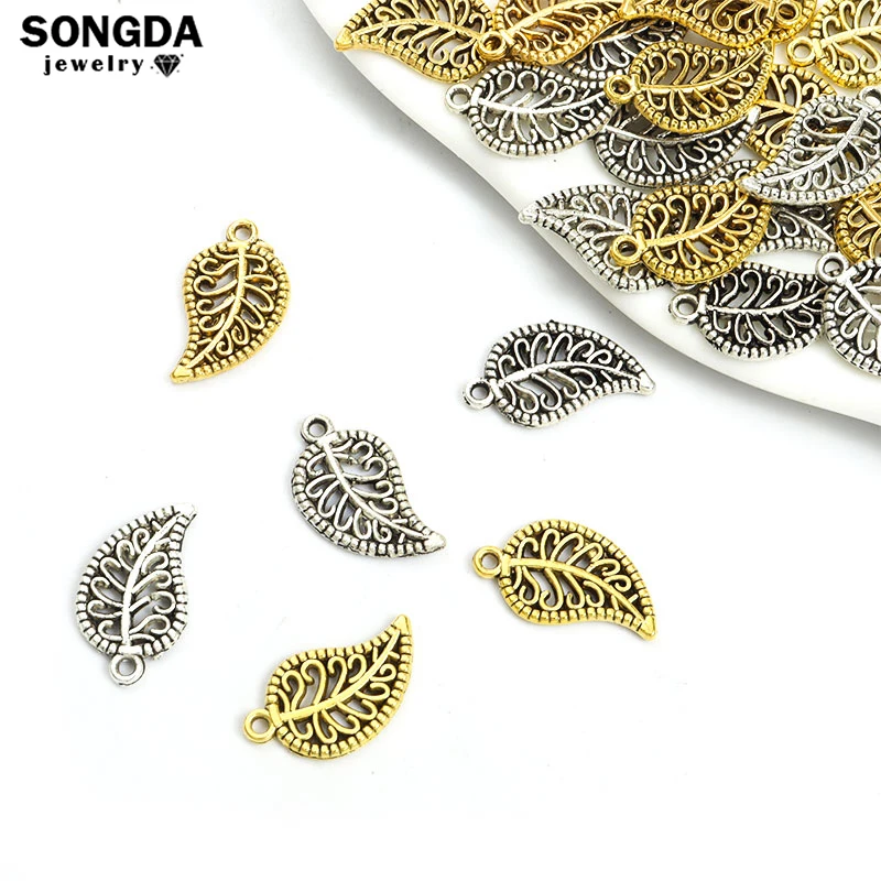 20pcs Vintage Pattern Leaves Shape Alloy Charms ciondolo in metallo cavo Color oro argento antico per accessorio per collana fai da te