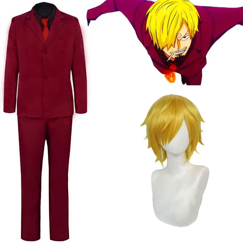 

Anime Pirates Sanji Cosplay Costume Unisex Red Uniform Suit Chef Sanji Wig Halloween Carnival Costumes