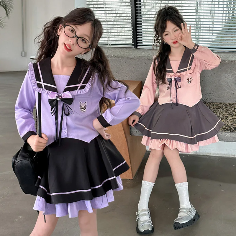 Girls Spring Autumn Jk Uniform 2Pcs Set Anime Melody Kuromi Girls College Style Uniform Suit Shirt Skirt Preppy Style Kids Cloth