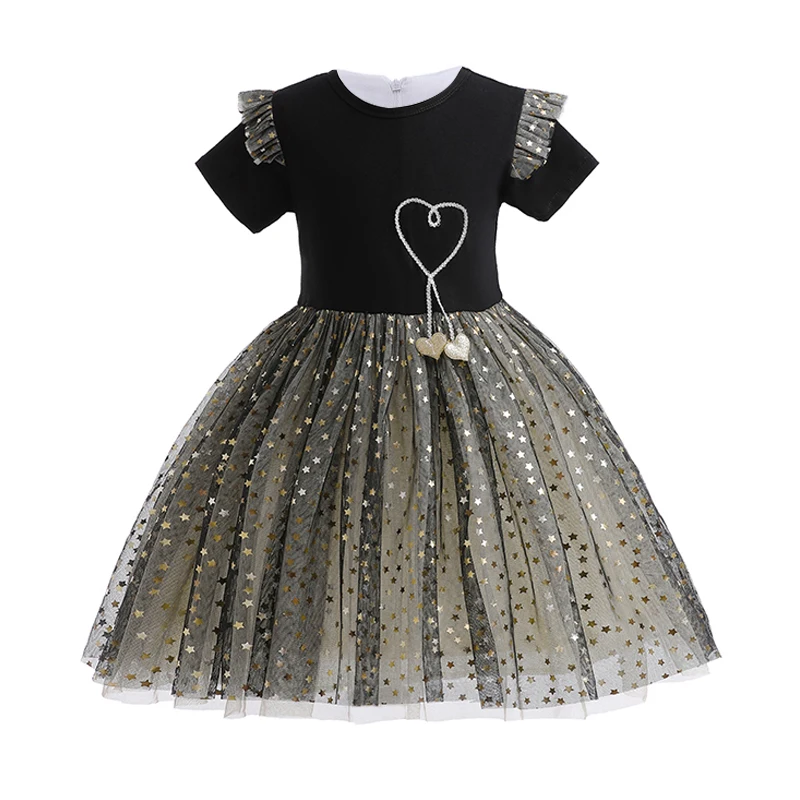 Black Party Dress For Girl Children Costume Sequin Princess Dresses Girls Clothes Birthday Wedding Gown Lace Short Sleeve 3-10Y