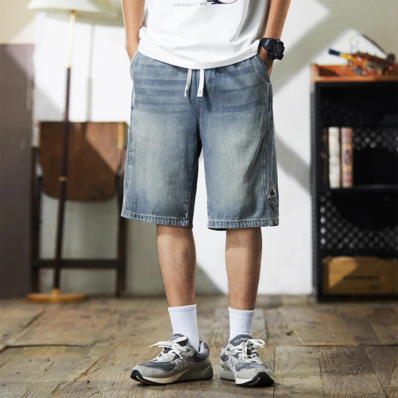 

XY9941 Summer new denim shorts men loose straight thin section elastic waist drawstring splicing casual shorts