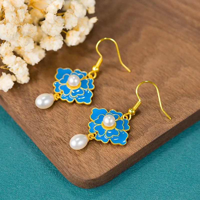Retro Forbidden City Earrings With Oil Drops, Tassels, Pearls, And Gold Plating Women, Ancient Style E