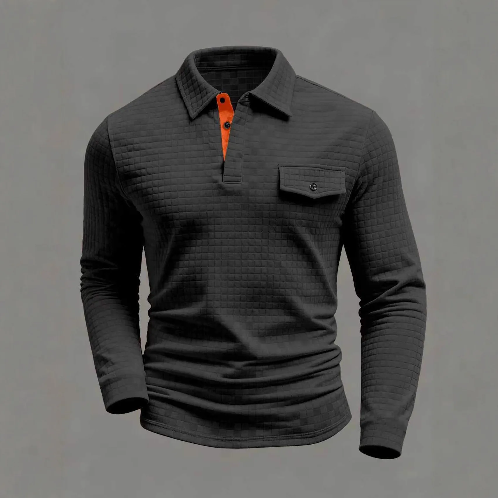 

Men's New Solid-Color Small-Check Patterned Faux Pocket Design Sporty Casual Daily Long-Sleeved High-Quality POLO Shirt