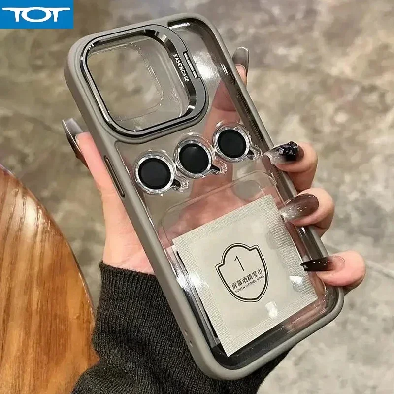 

Роскошный прозрачный противоударный чехол для телефона для iPhone 11, 12, 13, 14, 15, 16 Pro Max Plus, прозрачный защитный чехол с кронштейном для объектива