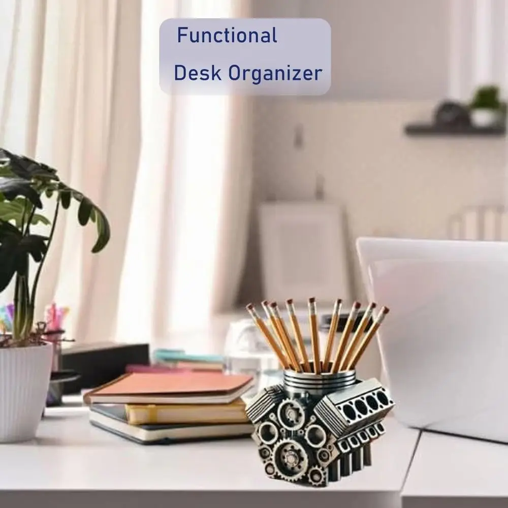 Creative V6/V8 Engine Shaped Engine Block Pen Holder Crafts Ornaments Desk Organizer Engine Model Fun Desktop Decor Desktop