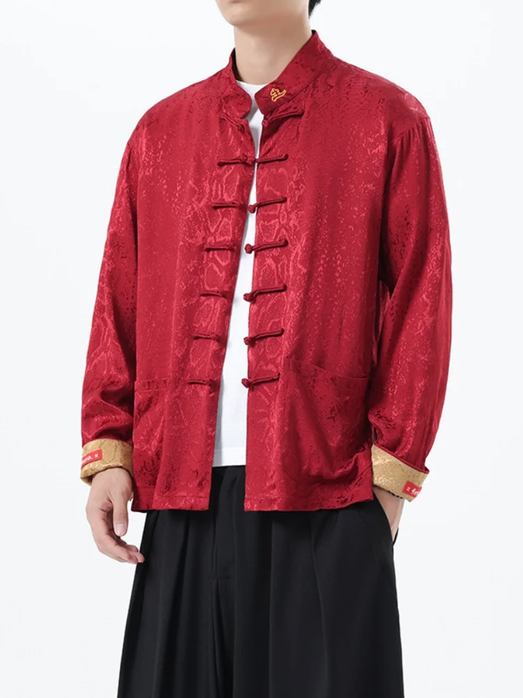 

New Chinese Sle Long Sve Men's irt Middle-aged Dad Clothes Spring Autumn Hanfu Tang Costume Casual Comfortable Fit