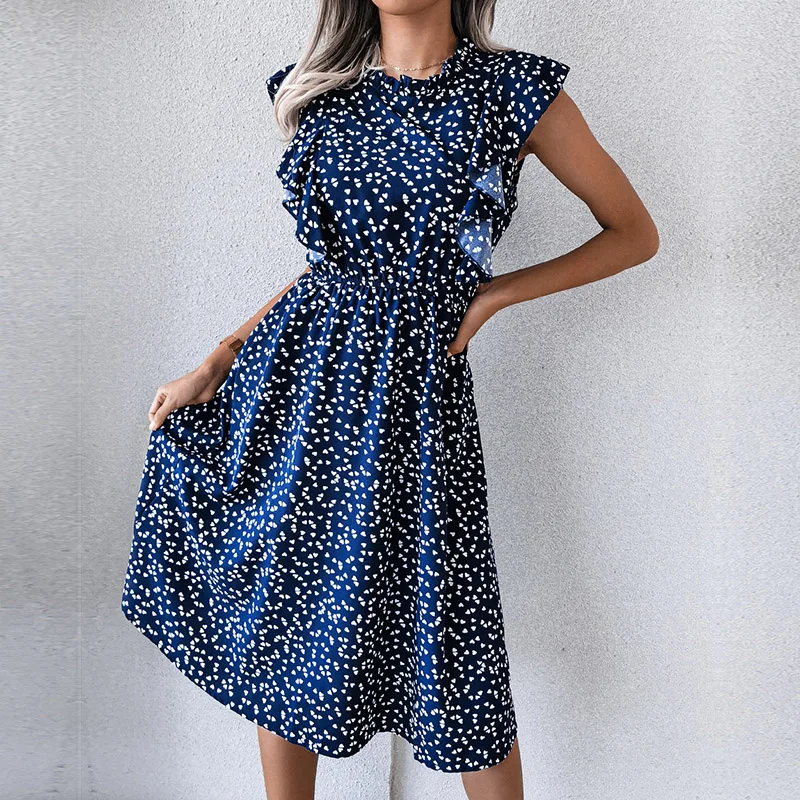 Ficusrong Vintage Butterfly Sleeve Ruffles Heart Dot Print Dress Mulheres Médio Longo Chiffon Ladies Spring Summer Dress