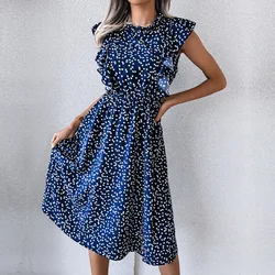 Ficusrong Vintage Butterfly Sleeve Ruffles Heart Dot Print Dress Women Medium Long Chiffon Ladies Spring Summer Dress