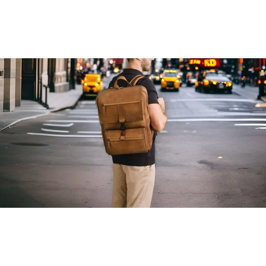 Mochila de couro para homens e mulheres clássico marrom - mochila vintage de couro de grão superior artesanal com capa para laptop de 17 polegadas -