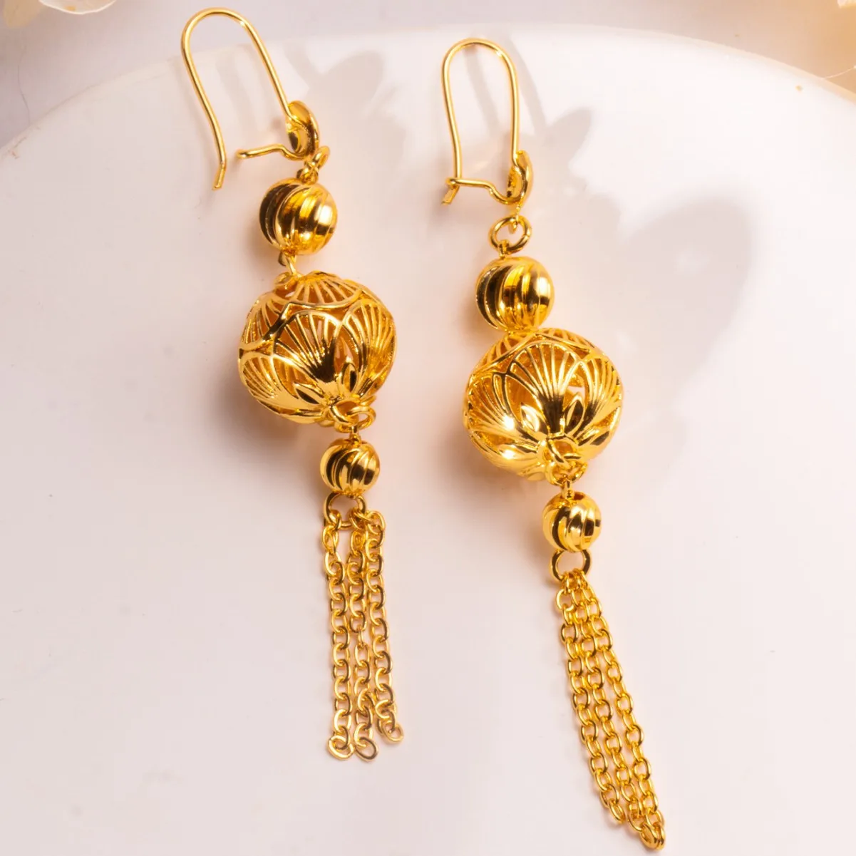 Middle Eastern bride gold-plated Vietnamese sand gold long fringed earrings simple big temperament round bead fringed ear jewelr