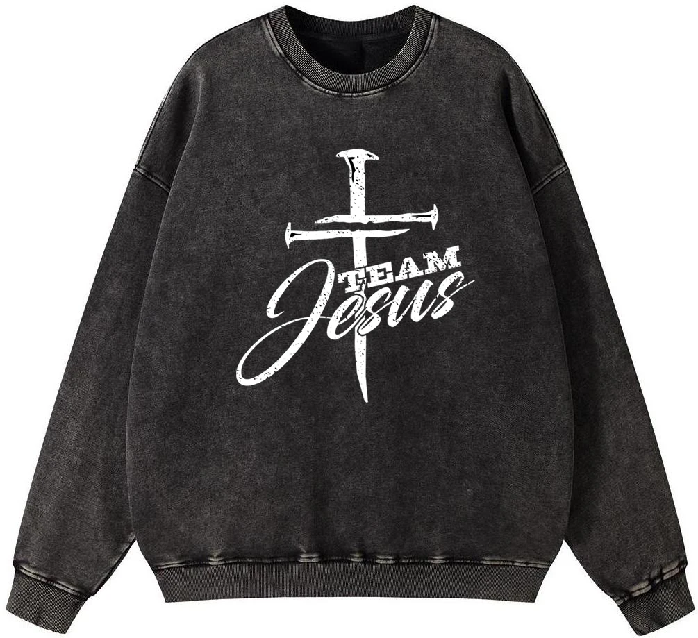 Team Jesus And Sword Men'S Vintage Washed Cotton Sweatshirt Street Fleece Pullover Crewneck Autumn Hoodie Hip Hop Oversize