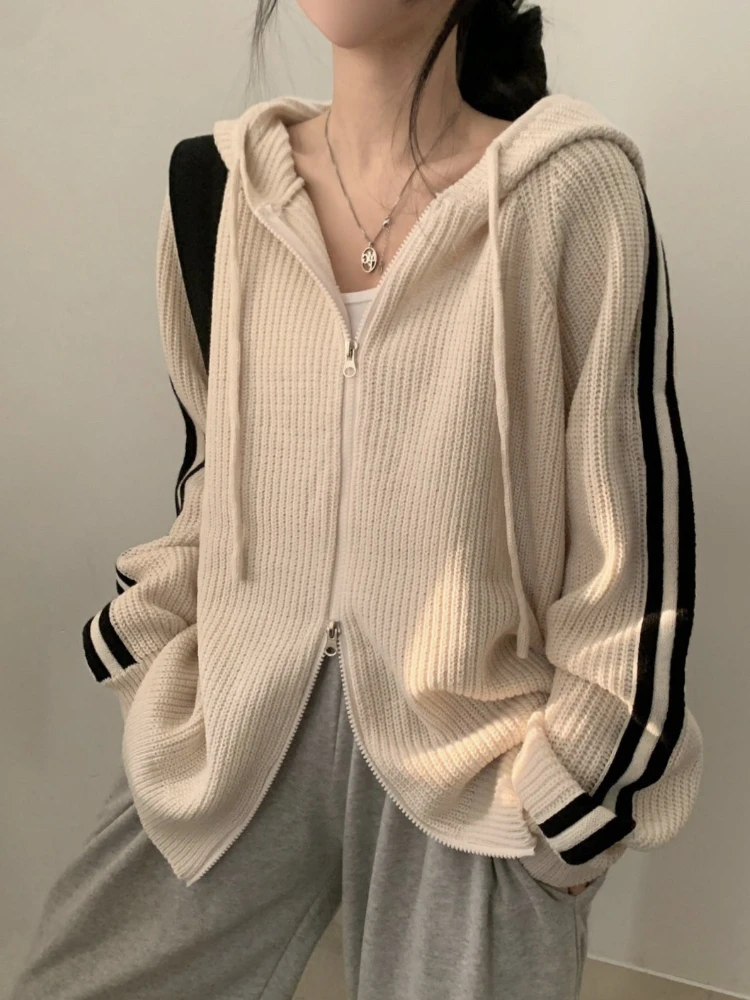 

Korobov Autumn Korean Ins Loose Hooded Striped Casual Zipper All Match Fashion Cardigan