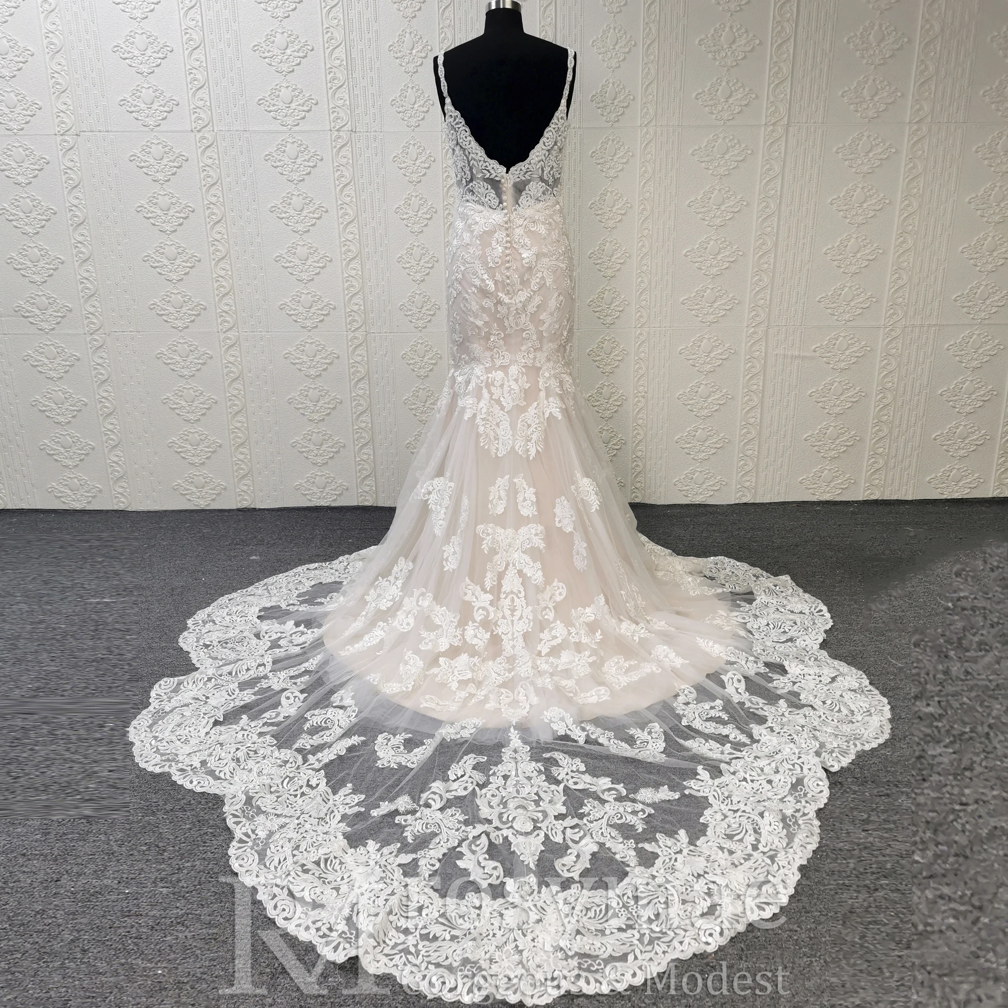 Rosymae elegante vestido de noiva estilo trompete com decote em V profundo sobreposição de renda elegante vestido de noiva