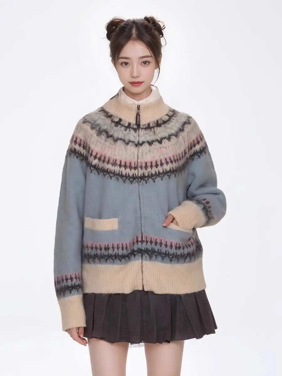 Vintage Stand Collar Knitted Cardigan Fair Isle Sweater Jacket for Women Long Sleeve Jumper Coat Korean Christmas Winter Clothes