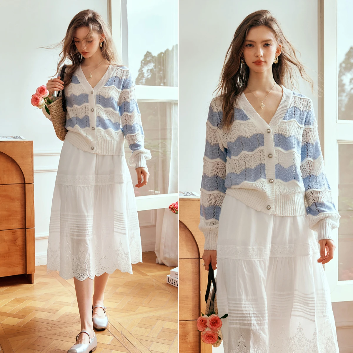 OLrain Spliced Striped Knitted Cardigan for Women 2025 Spring Loose Fit Sweet Hollow V Neck Long Sleeve Sweater N56QM93593