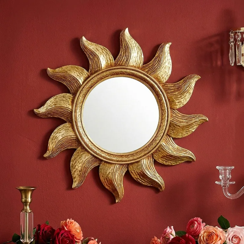Golden Sunflower Round Decorative Hanging Mirrors Modern Creative Background Wall Decorative Pendant Bedroom Makeup Mirror