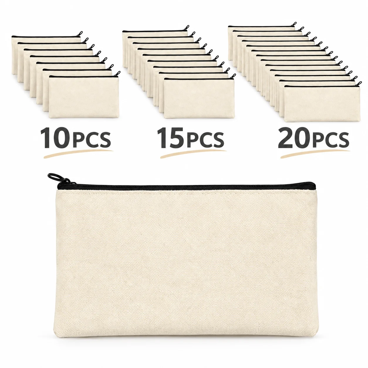 10/15/20Pcs Blank Canvas Zipper Pouches, 21x12cm Beige Bags with Black Zipper for Heat Transfer, Makeup & Travel Storage