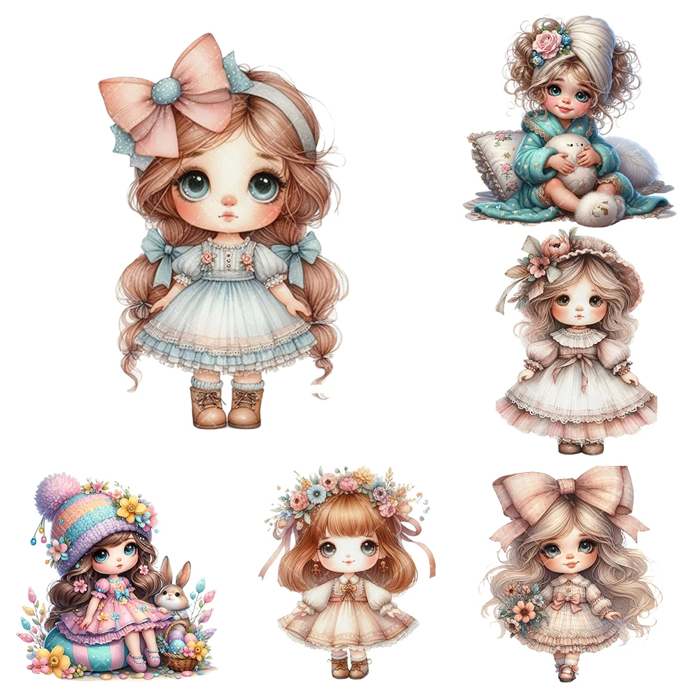 

Cute Little Girl Series Retro Girl Heat Transfer Stickers Iron On Clothes Bags DTF Vinyl Thermal Appliques Washable DIY Patches