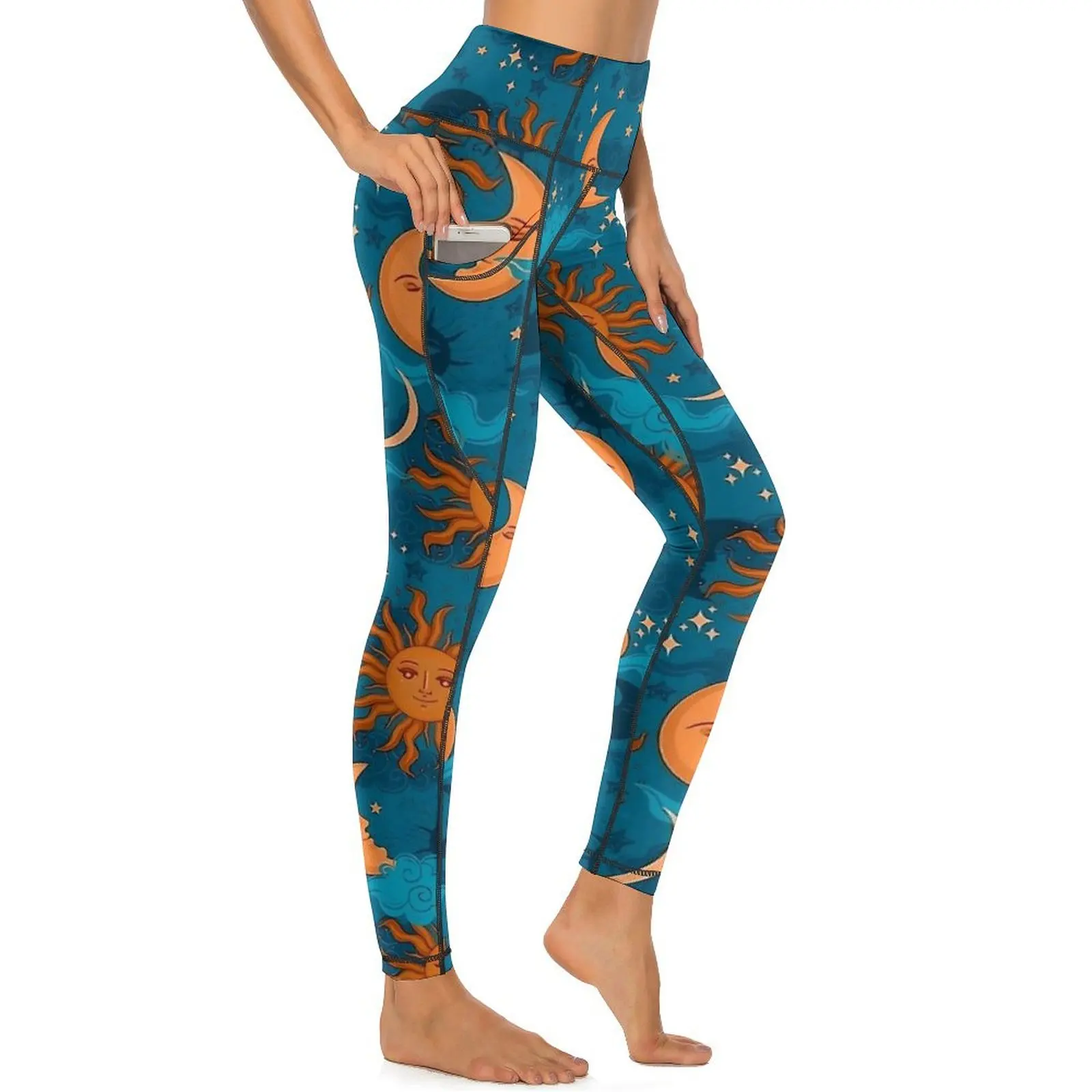 الشمس القمر والنجوم طباعة طماق مثير عالية الخصر اليوغا السراويل الرجعية تمتد Leggins سيدة نمط رياضة يغطي الرجل