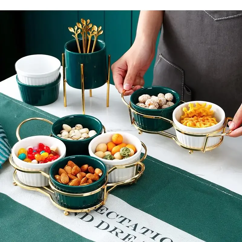 Ceramic Grid Snack Platter Metal Rack Candy Nut Storage Box Porcelain Dessert Bread Fruit Plate Home Luxury