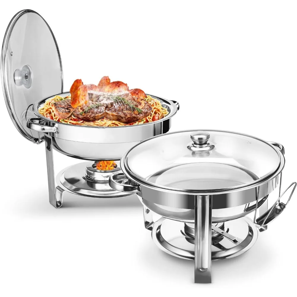 

Chafing Dish Buffet Set 2 Pack, 5QT Round Chafing Dishes for Buffet with Glass Lid & Lid Holder, Stainless Steel Chafers and Buf