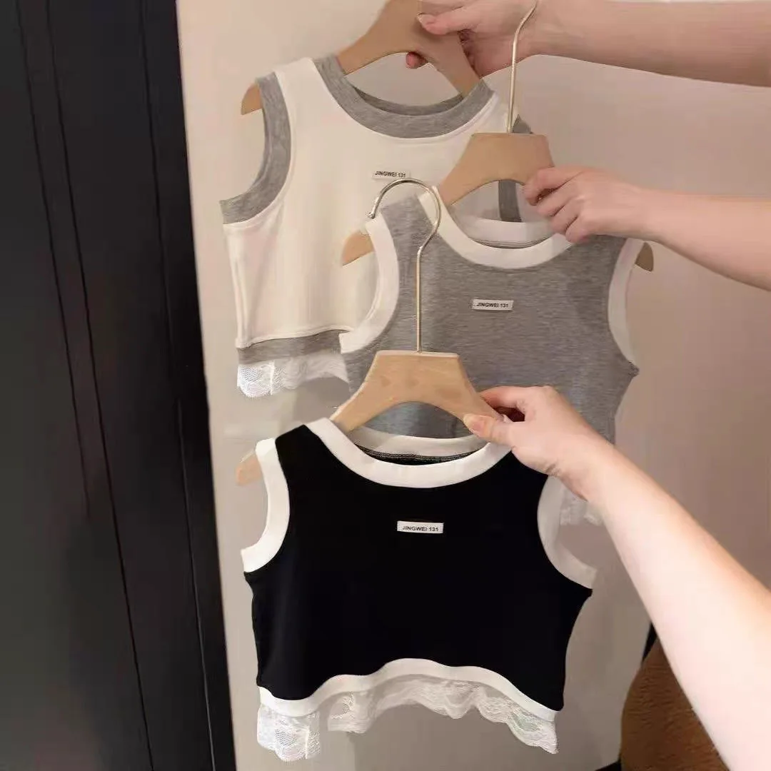 2026 Summer Fashion Children T-shirt For Girls Cotton Lace Vest Tops Kids Summer Clothes Casual Solid Color Sleeveless T-shirt