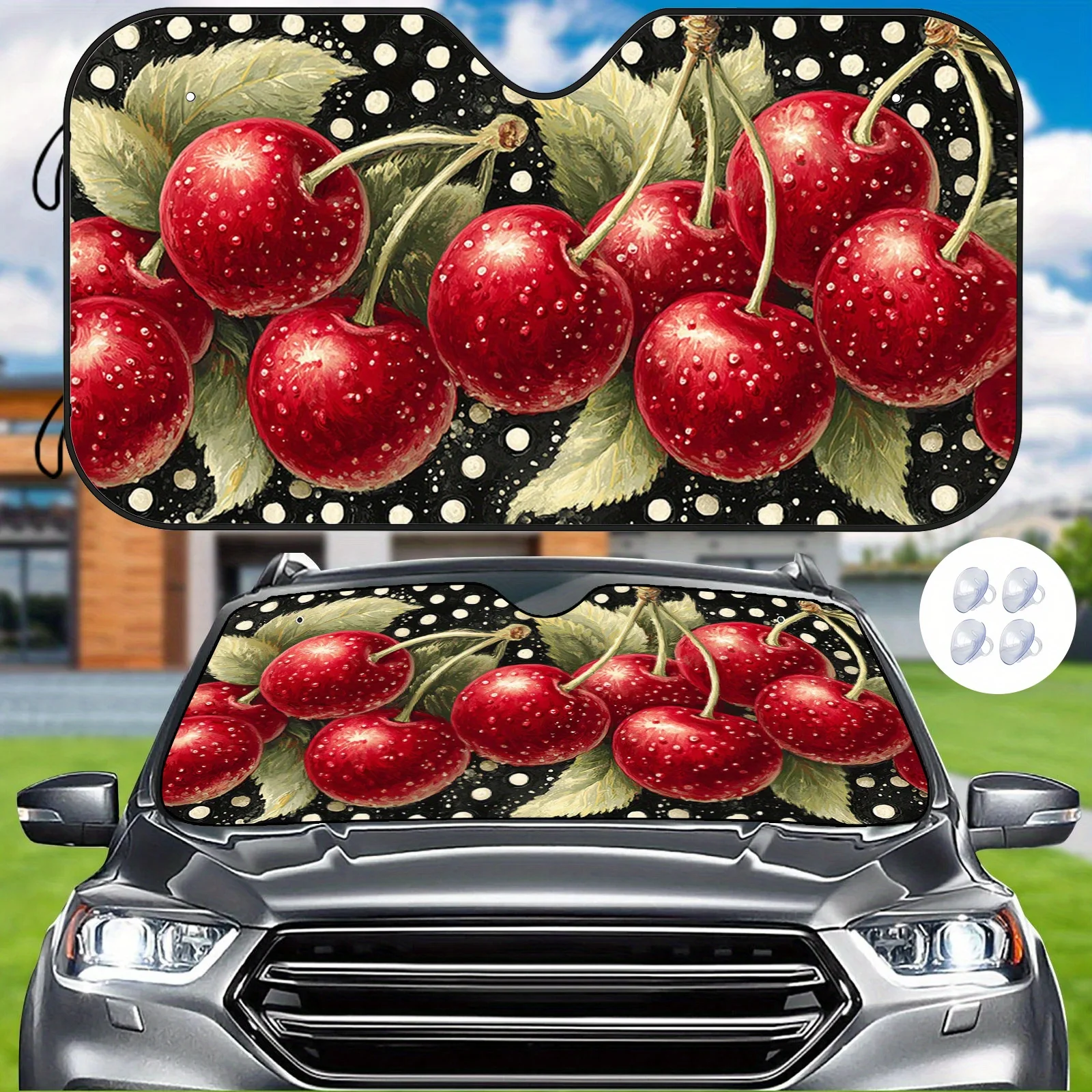 Retro Cherry Car Sunshade With Realistic Cherry Illustrations Featuring Water Droplets, Heat Insulation And Sun Protection, Main