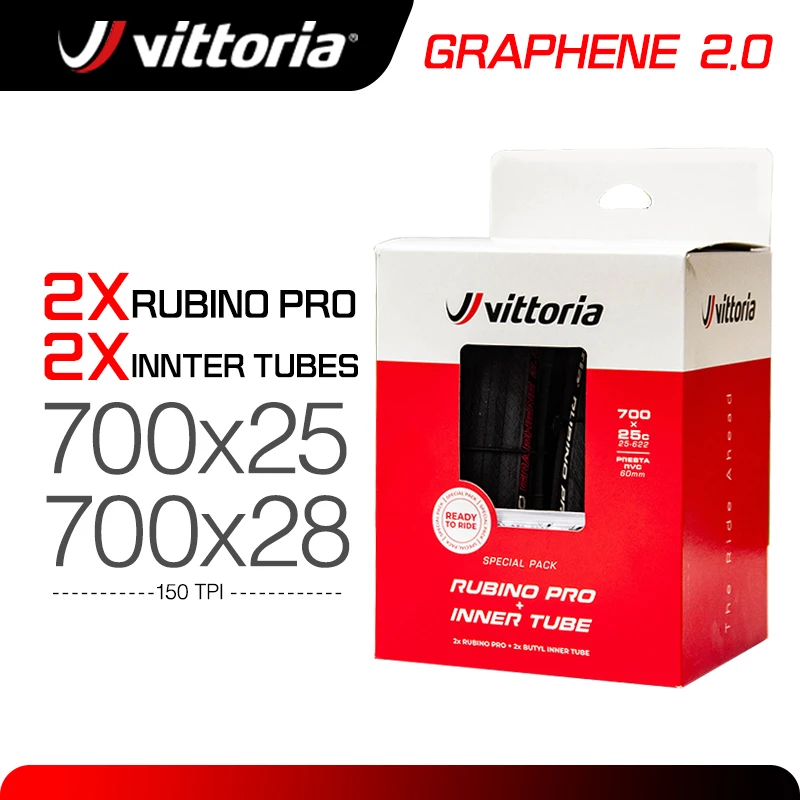 New Vittoria Rubino Pro G2.0 700x25/28C Folding Tire +2 Inner Tube Set 150 TPI Nylon Casing Graphene 2.0, 3C Training Race Tire