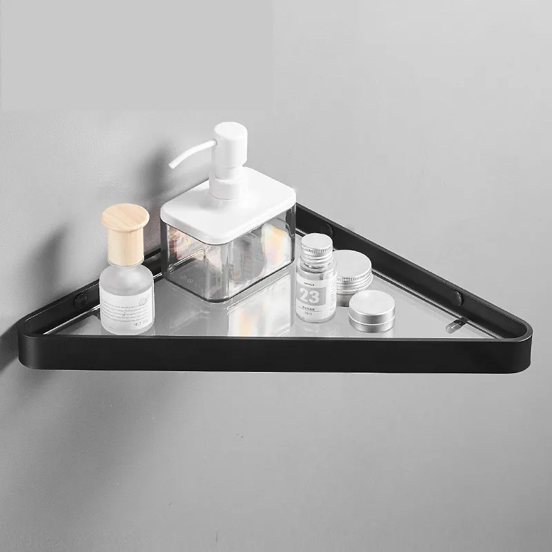 Free Punching Space Aluminum Smooth Mirror Corner Rack Glass Bathroom Shelf Towel Bathroom Accessories Wall Holder Hanging