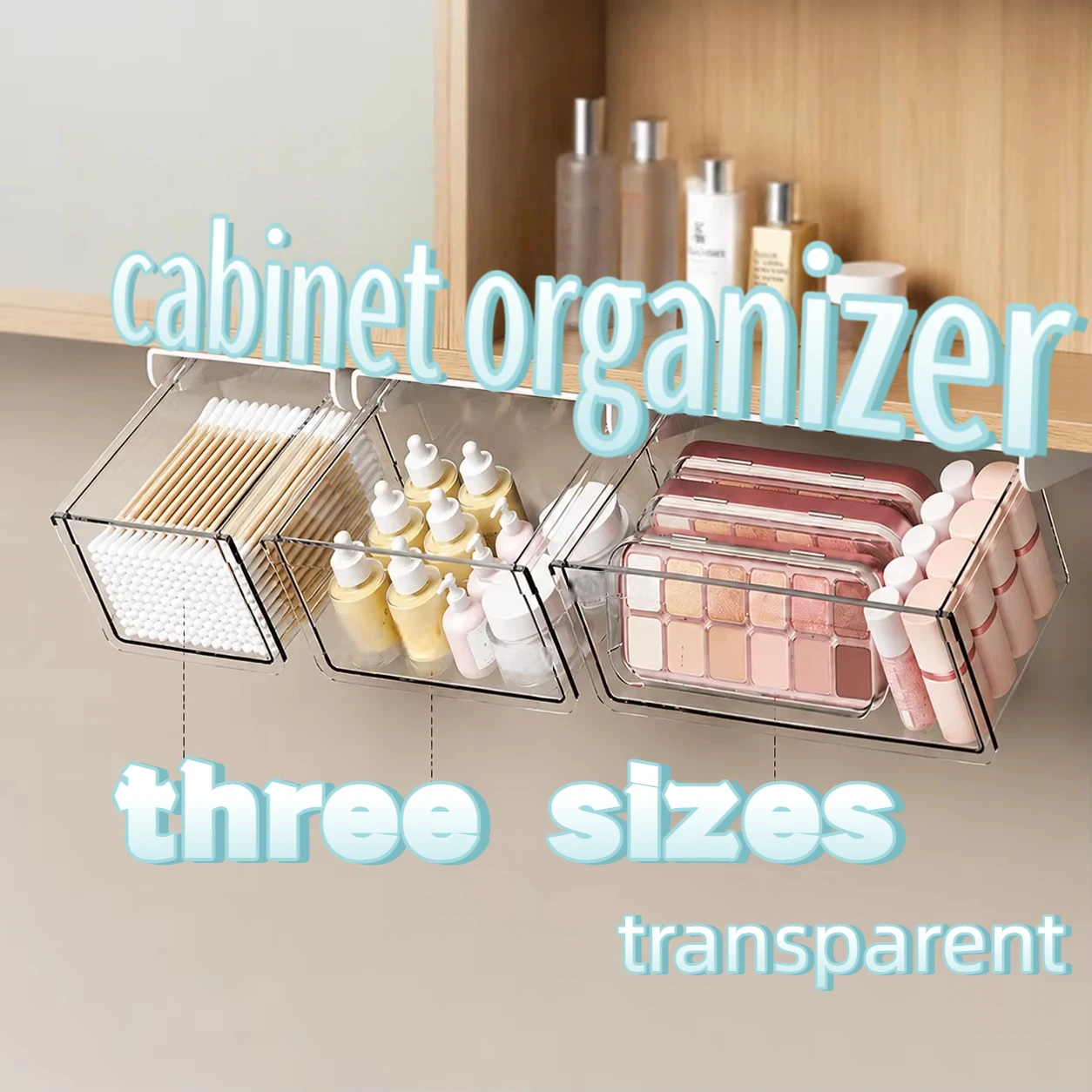 Self-Adhesive Under Shelf Storage Box Clear, PET+ABS Hanging Organizer for Bathroom Mirror Cabinet Vanity Skincare Makeup
