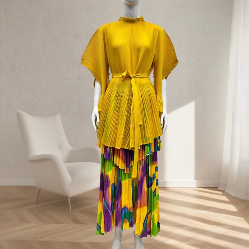 

Miyake Новое женское плиссированное платье с рукавами «летучая мышь», эластичная полуюбка, элегантный галстук с цветным принтом, комплект юбки больших размеров, Америка