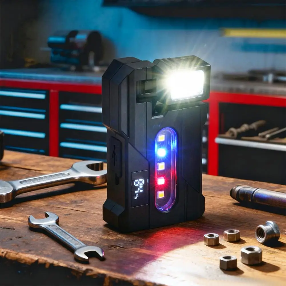 Magnetic Multi Angle Rotating Work Light USB Rechargeable LED Flashlight with Red Blue Warning Light for Emergency Rescue