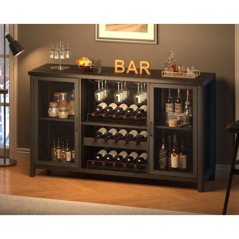 Industrial Wine Bar Cabinet, Rustic Coffee Cabinet for Liquor and Glasses, Farmhouse Home Dining, Kitchen Sideboard Buffet with