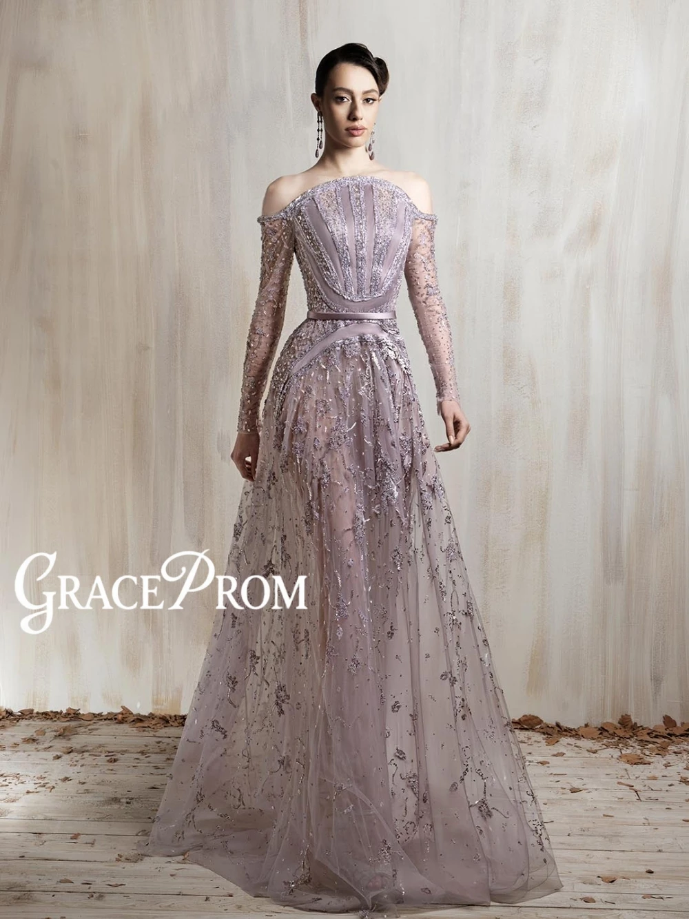 

New Arrival Light Purple Beaded Evening Dress Classy Delicate Beaded A Line Sheer Prom Gown Customized Off Shoulder Dubai Wear