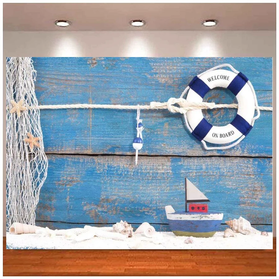 Photography Backdrop Nautical Life Buoy Boat Shells Blue Wooden Background Sailor For Party Decor Birthday Boy Girl Baby Shower