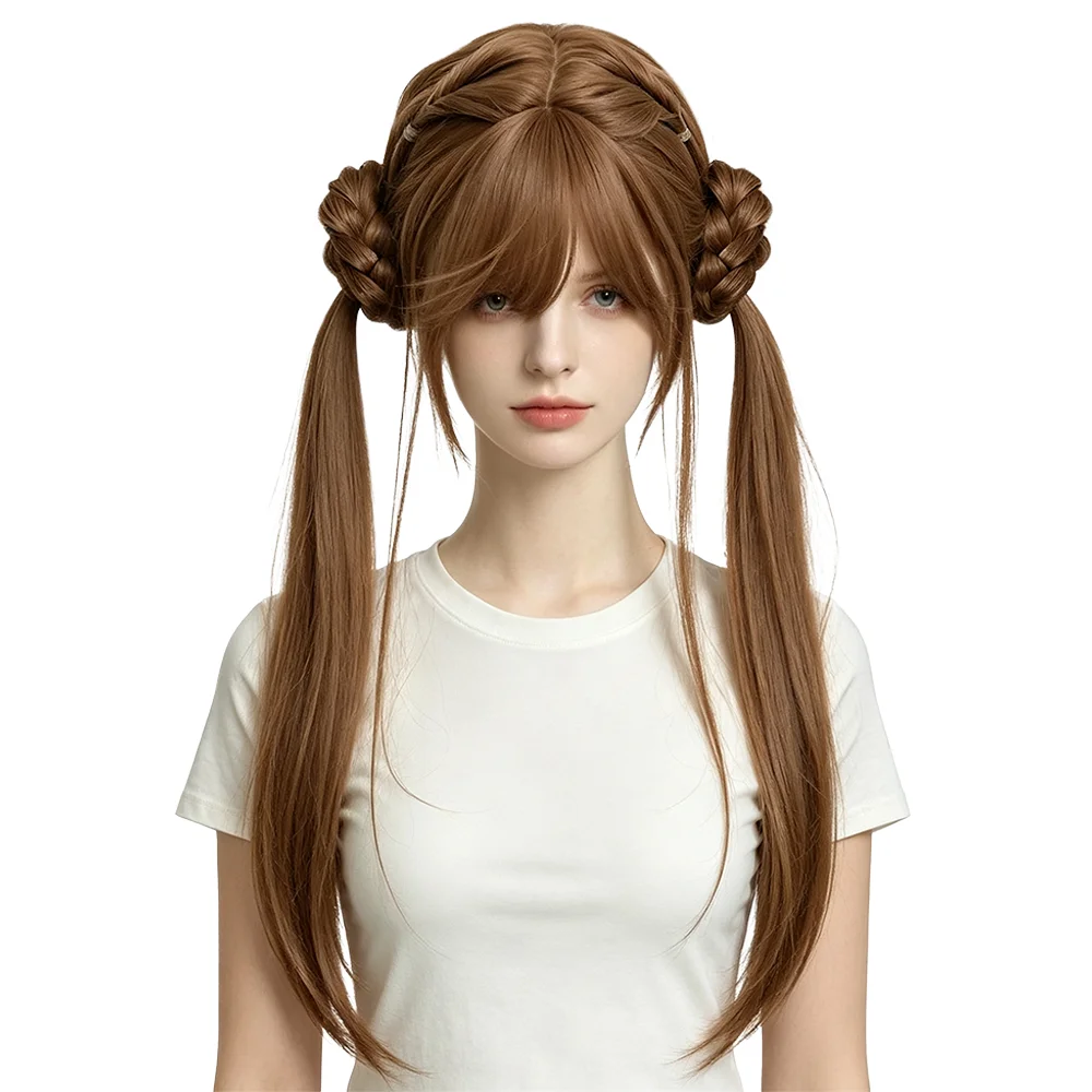 Light Brown Double Braided Buns Ponytail Full Wig Long Straight Heat Resistant Synthetic Hair With Bangs For Women Cosplay Party