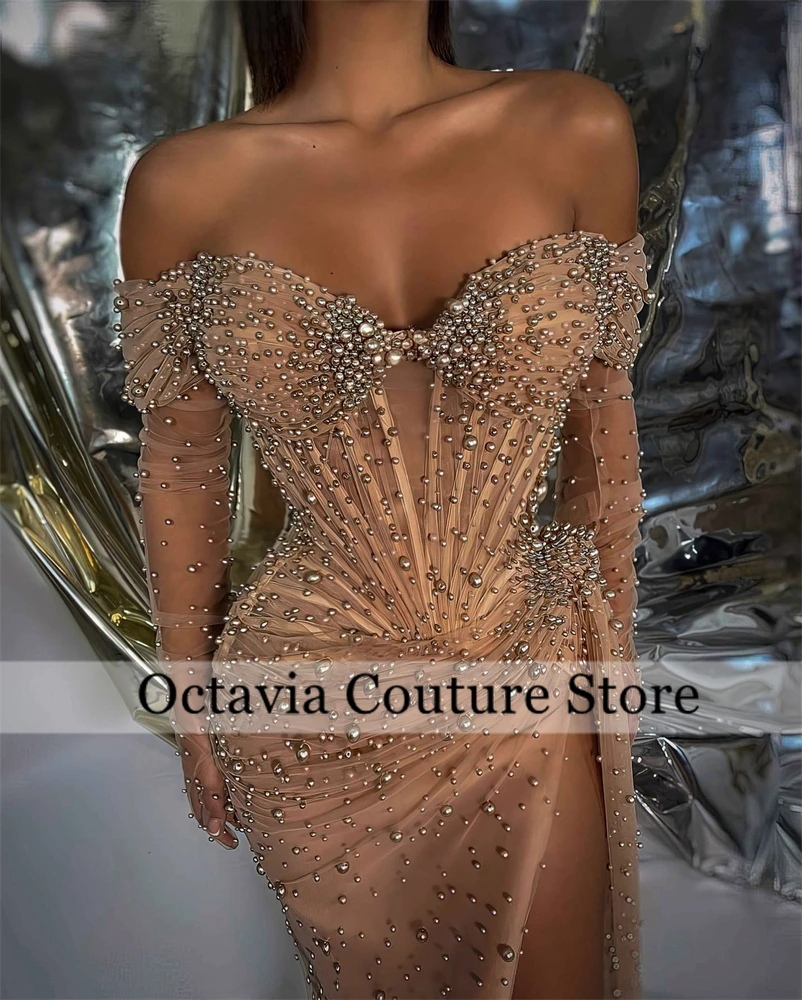 Gold Off The Shoulder Luxury Middle Eastern Evening Dress Bead Crystal 2024 Birthday Dress Split Formal Gown With Sleeve