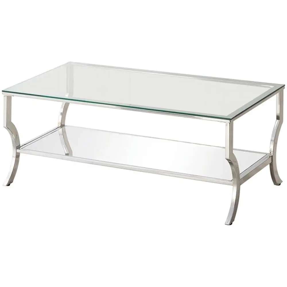 Glass Top Coffee Table Chrome Metal Frame Tempered Glass Mirrored Storage Shelf 47.25