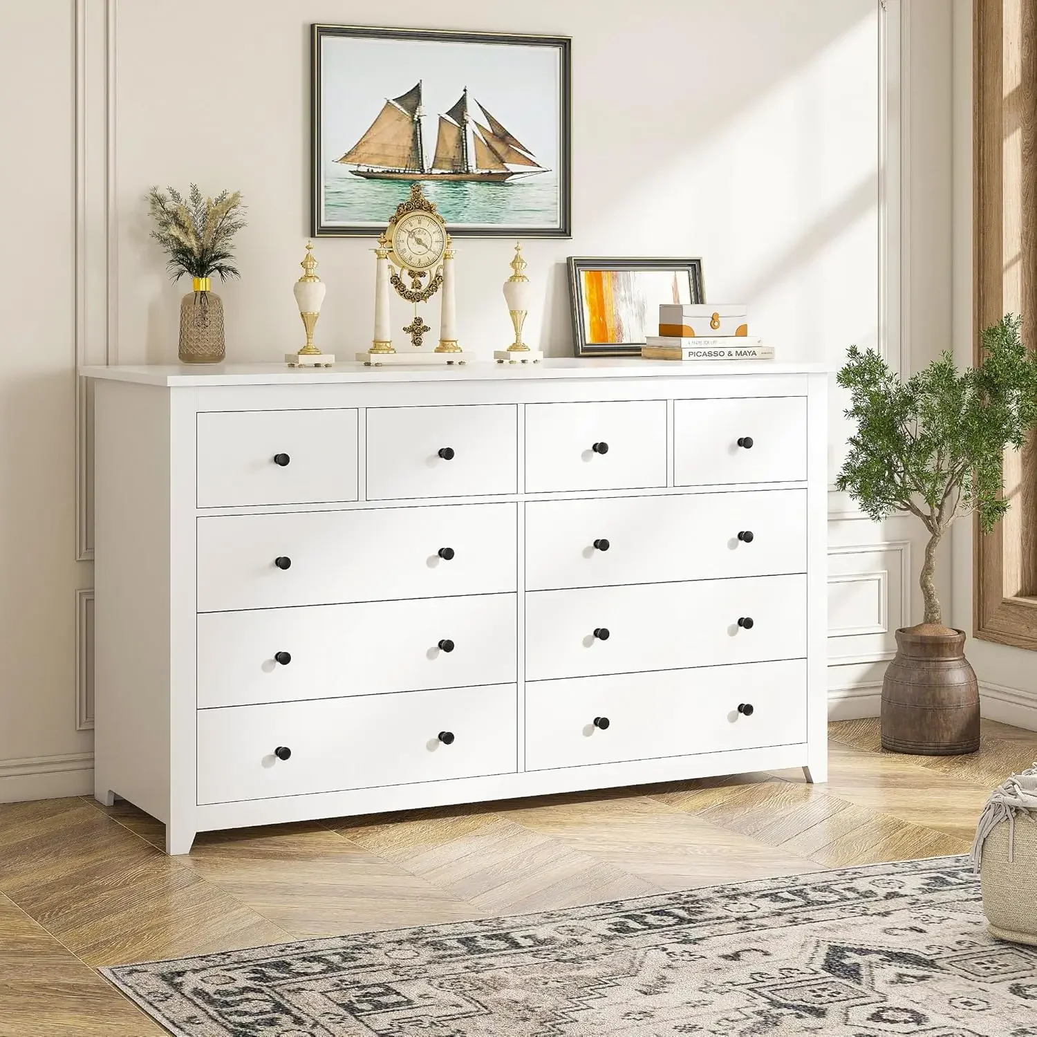 White Dresser, Dresser for Bedroom with 10 Deep Drawers Wood Dresser with Smooth Metal Rail, Large Dressers & Chests of Drawers