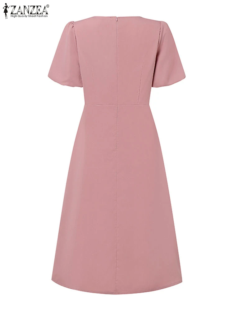 2025 frauen Sommer Sommerkleid ZANZEA Elegante O Hals Kurzarm OL Arbeit Kleid Solide EINE Linie Midi Vestidos Robe Stilvolle Party kleid