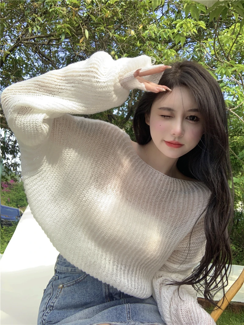 

White Knitted oulder Bared Women's Top Thin Design Sensation Loose Air Conditioning irt ort Outerwear Summer Faion