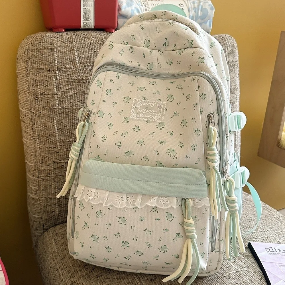 Lace Decor Floral Print Backpack Ultra Lightweight Large Capacity Bookbag Star Pendant Fresh Aesthetic Daypack Daily Commute