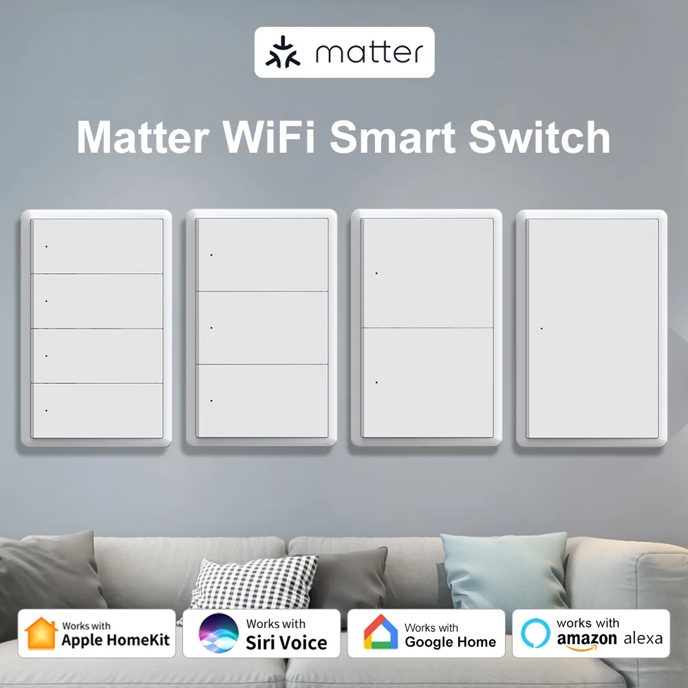 Manhot Matter WiFi Smart Wall Light Switch 1 2 3 4 Gangs with Neutral Wire Push  Physical Light Switches work with Homekit App